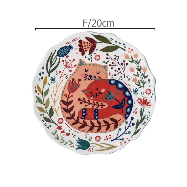 8 inch Colorful Cat Dinner Plate Under-glazed Ceramic Dinner Dishes Dessert Tray Flower Kitten Dinnerware Microwave Safe