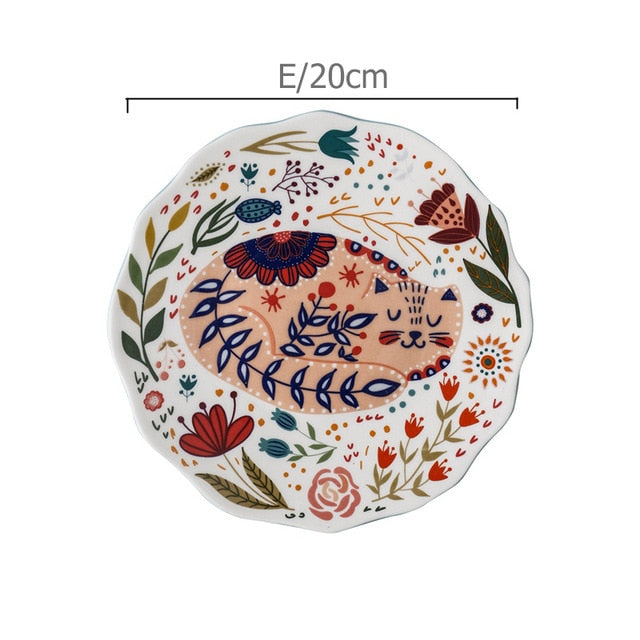 8 inch Colorful Cat Dinner Plate Under-glazed Ceramic Dinner Dishes Dessert Tray Flower Kitten Dinnerware Microwave Safe