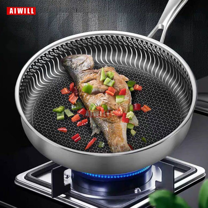 AIWILL New Kitchen High Quality 316 /304 Stainless Steel Frying Pan Nonstick Pan Fried Steak Pot Electromagnetic Furnace General