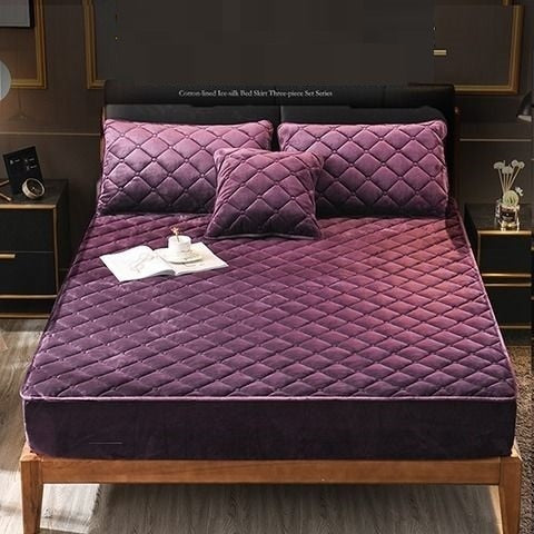 Plush Thicken Quilted Mattress Cover Warm Soft Crystal Velvet King Queen Quilted Bed Fitted Sheet Not Including Pillowcase