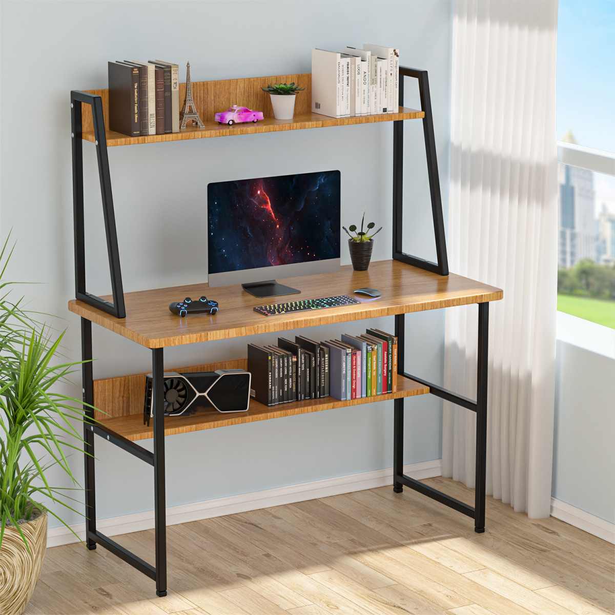 Large Wood Computer Desk Laptop Desk Writing Table Study Desk with Shelves Drawers Office Furniture PC Laptop Workstation Home