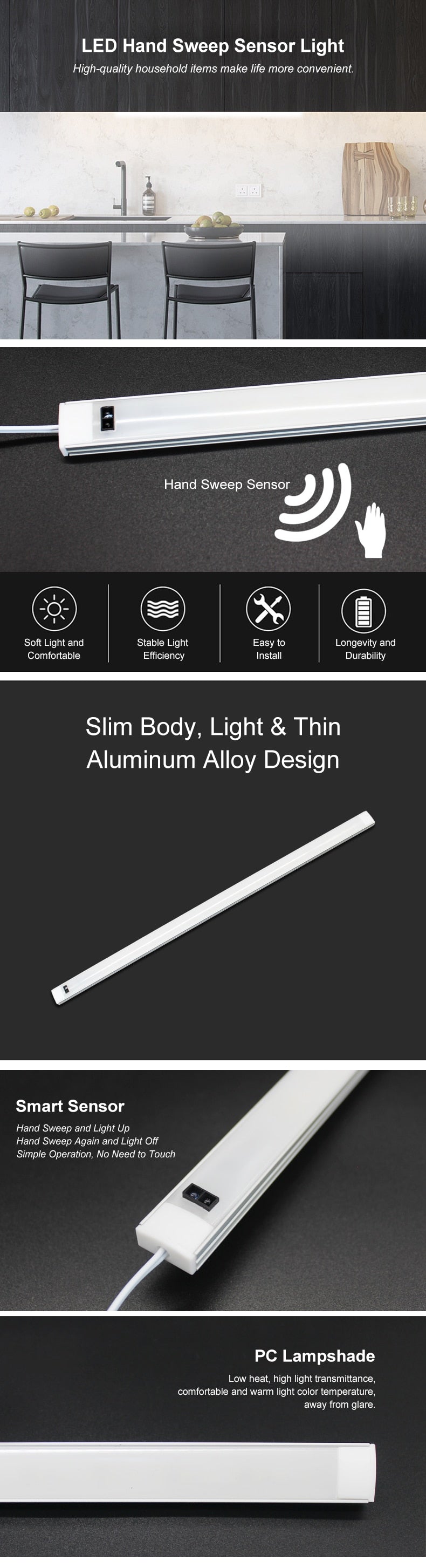 LED Under Cabinet Kitchen Light Hand Sweep Motion Sensor Bedroom Wardrobe Closet Lamp Customizable Size Bar Lights Indoor Home