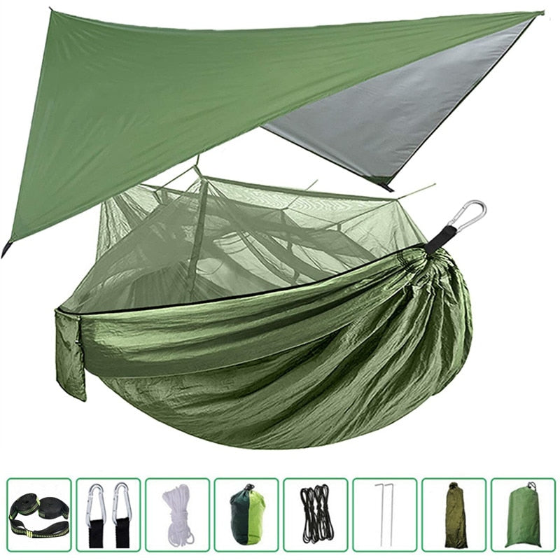 Portable Camping Hammock with Mosquito Net, Rain Fly and Tree Straps for Indoor, Outdoor, Backpacking, Travel, Beach, Hiking