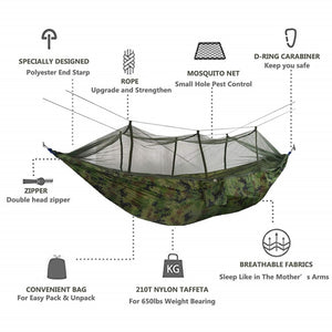 Portable Camping Hammock with Mosquito Net, Rain Fly and Tree Straps for Indoor, Outdoor, Backpacking, Travel, Beach, Hiking