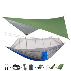 Portable Camping Hammock with Mosquito Net, Rain Fly and Tree Straps for Indoor, Outdoor, Backpacking, Travel, Beach, Hiking