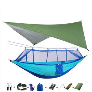 Portable Camping Hammock with Mosquito Net, Rain Fly and Tree Straps for Indoor, Outdoor, Backpacking, Travel, Beach, Hiking