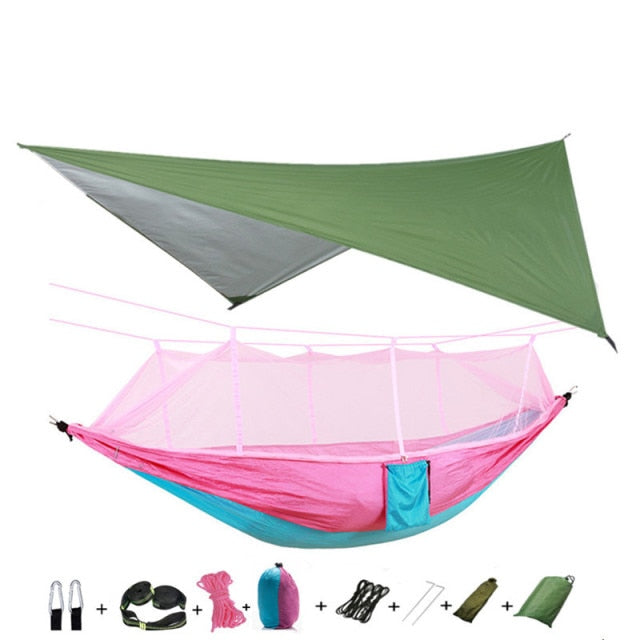 Portable Camping Hammock with Mosquito Net, Rain Fly and Tree Straps for Indoor, Outdoor, Backpacking, Travel, Beach, Hiking