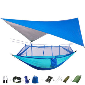 Portable Camping Hammock with Mosquito Net, Rain Fly and Tree Straps for Indoor, Outdoor, Backpacking, Travel, Beach, Hiking