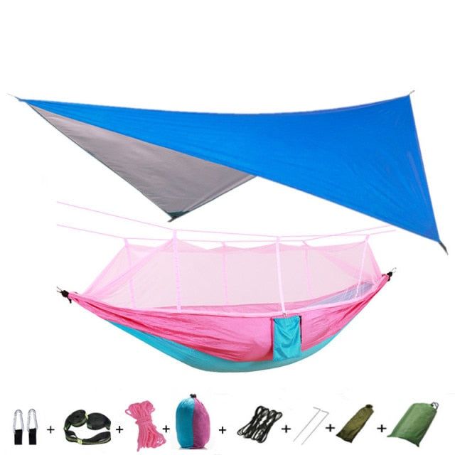 Portable Camping Hammock with Mosquito Net, Rain Fly and Tree Straps for Indoor, Outdoor, Backpacking, Travel, Beach, Hiking