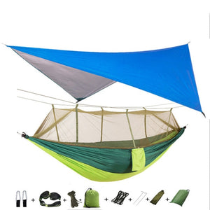 Portable Camping Hammock with Mosquito Net, Rain Fly and Tree Straps for Indoor, Outdoor, Backpacking, Travel, Beach, Hiking