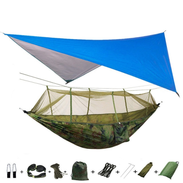 Portable Camping Hammock with Mosquito Net, Rain Fly and Tree Straps for Indoor, Outdoor, Backpacking, Travel, Beach, Hiking