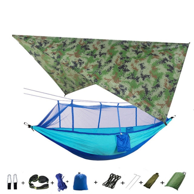 Portable Camping Hammock with Mosquito Net, Rain Fly and Tree Straps for Indoor, Outdoor, Backpacking, Travel, Beach, Hiking