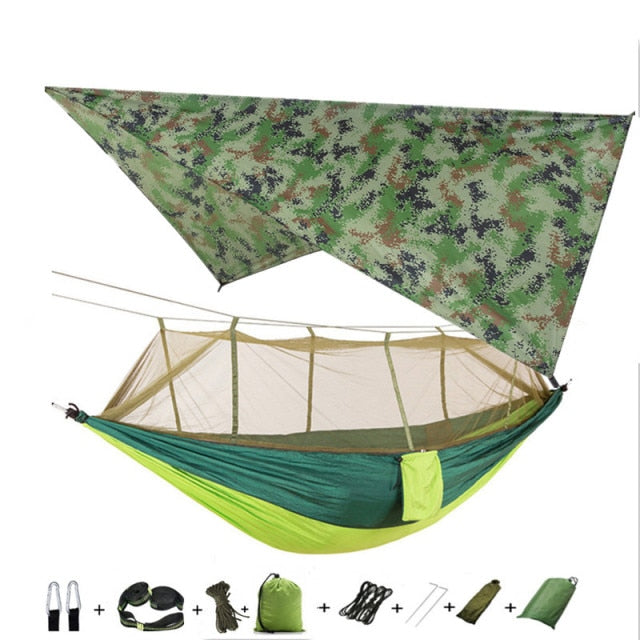 Portable Camping Hammock with Mosquito Net, Rain Fly and Tree Straps for Indoor, Outdoor, Backpacking, Travel, Beach, Hiking