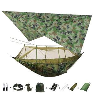 Portable Camping Hammock with Mosquito Net, Rain Fly and Tree Straps for Indoor, Outdoor, Backpacking, Travel, Beach, Hiking