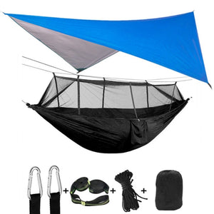 Portable Camping Hammock with Mosquito Net, Rain Fly and Tree Straps for Indoor, Outdoor, Backpacking, Travel, Beach, Hiking