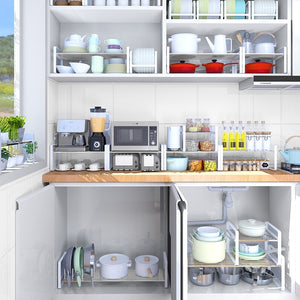 Kitchen Cabinet Storage Adjustable Cook Shelves Plates Pans Dishes Spice Bottles Holder Multifunction Kitchen Closet Organizer