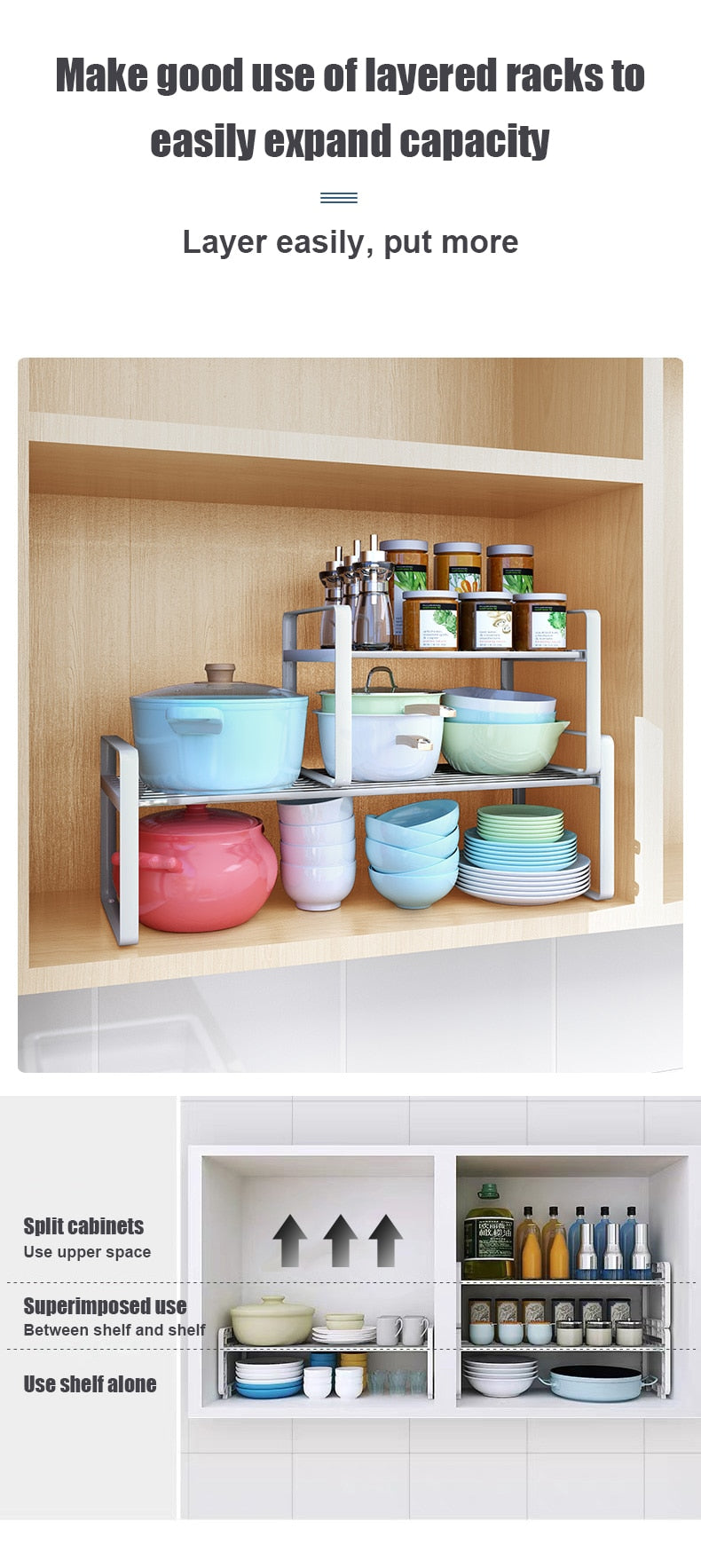 Kitchen Cabinet Storage Adjustable Cook Shelves Plates Pans Dishes Spice Bottles Holder Multifunction Kitchen Closet Organizer