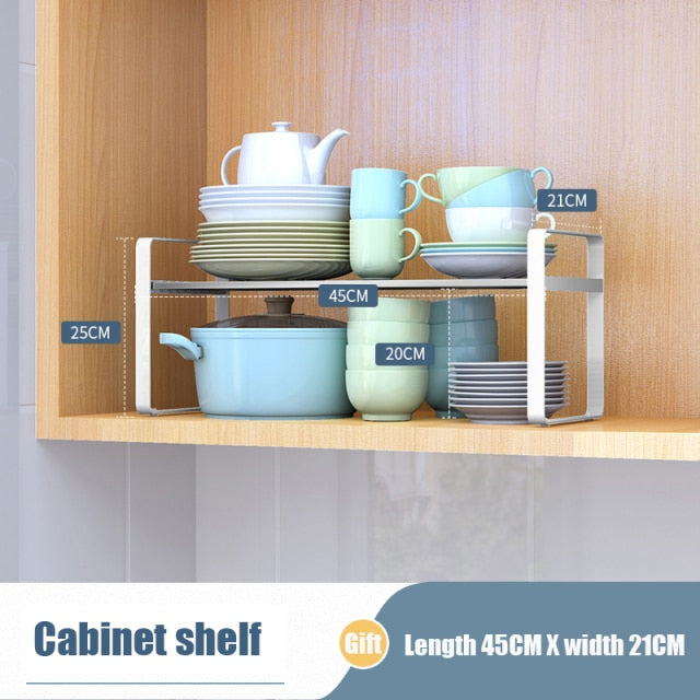 Kitchen Cabinet Storage Adjustable Cook Shelves Plates Pans Dishes Spice Bottles Holder Multifunction Kitchen Closet Organizer