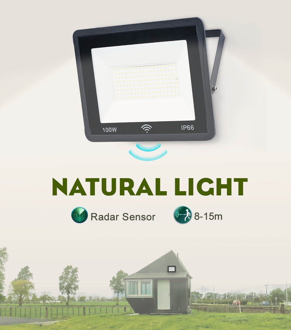 Natural Light Outdoor Lighting With Sensor Radar Foco Led Exterior 50w 100w 220v Auto Delay Flood Light Led Projector Wall Lamp